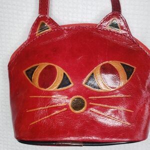 Girl's Cat Face Red Leather Should Bag Purse Handmade in India
